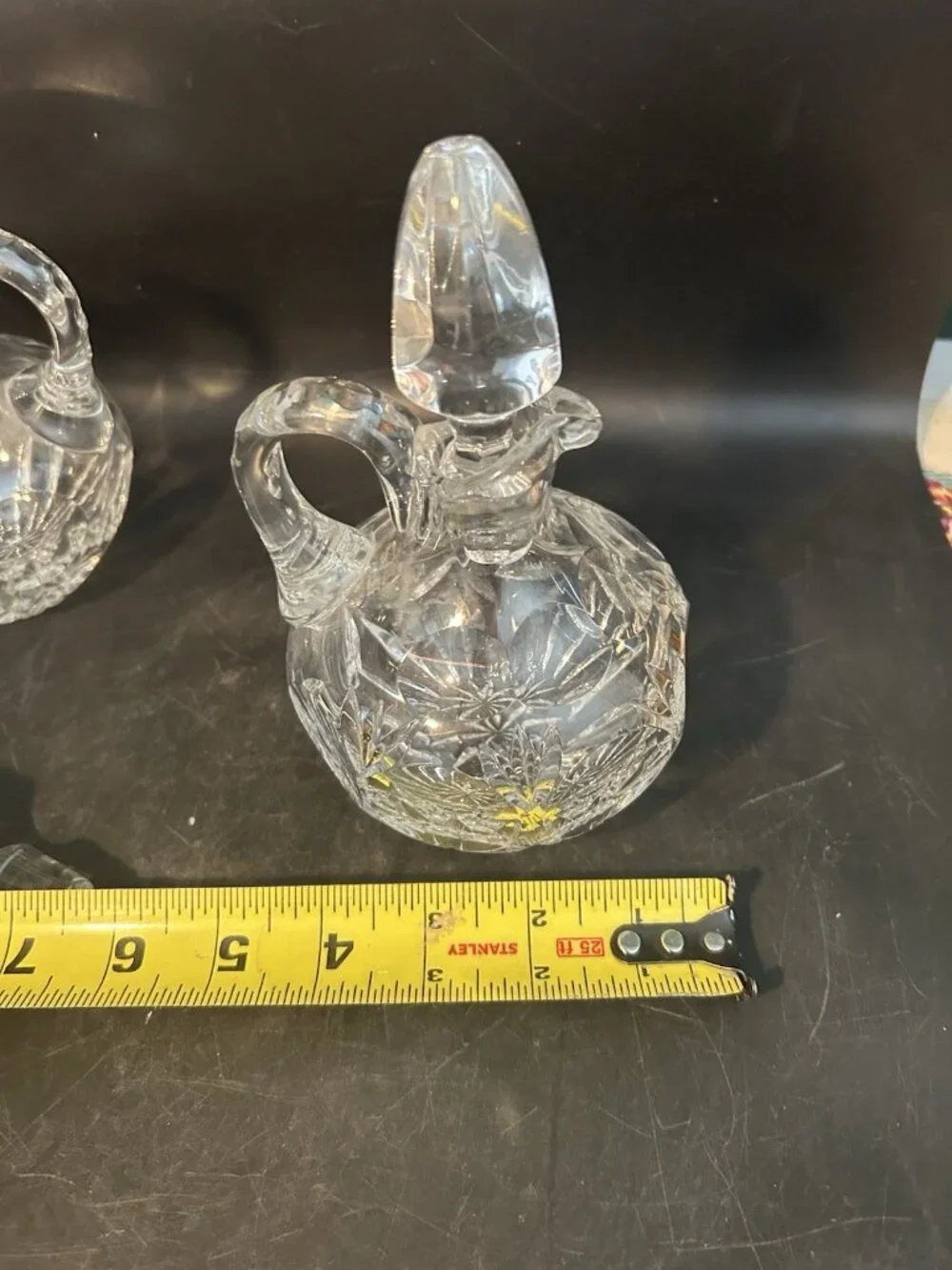 Vintage Elegant Cut Glass Cruets w/ Stoppers Diamond Point Pattern 7x5 Set of 2